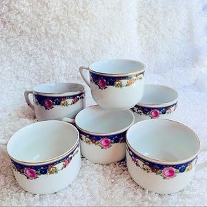 Antique Vintage set of 6 Limoges Pink Rose Blue flower Band w gold rim tea cups